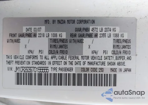 2007 Mazda Mazda5 Touring z USA, uszkodzony, nr VIN JM1CR293970155555